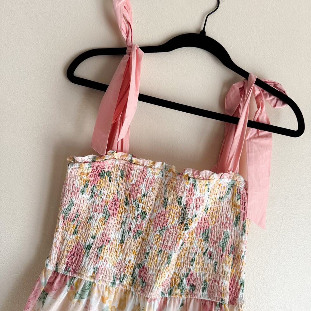 Petal and Pup Pink + Cream Floral Print Shoulder Tie Tiered Midi Dress Large - Picture 4 of 9